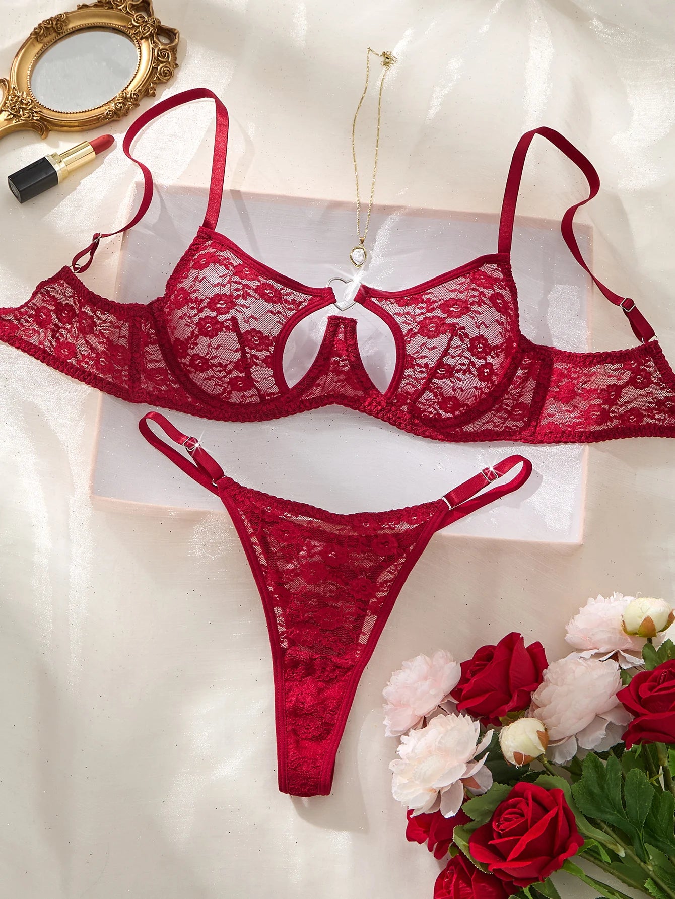Damen Dessous Set Schwarz Spitzen BH Set mit String verstellbare Träger transparente Optik Bügel Design