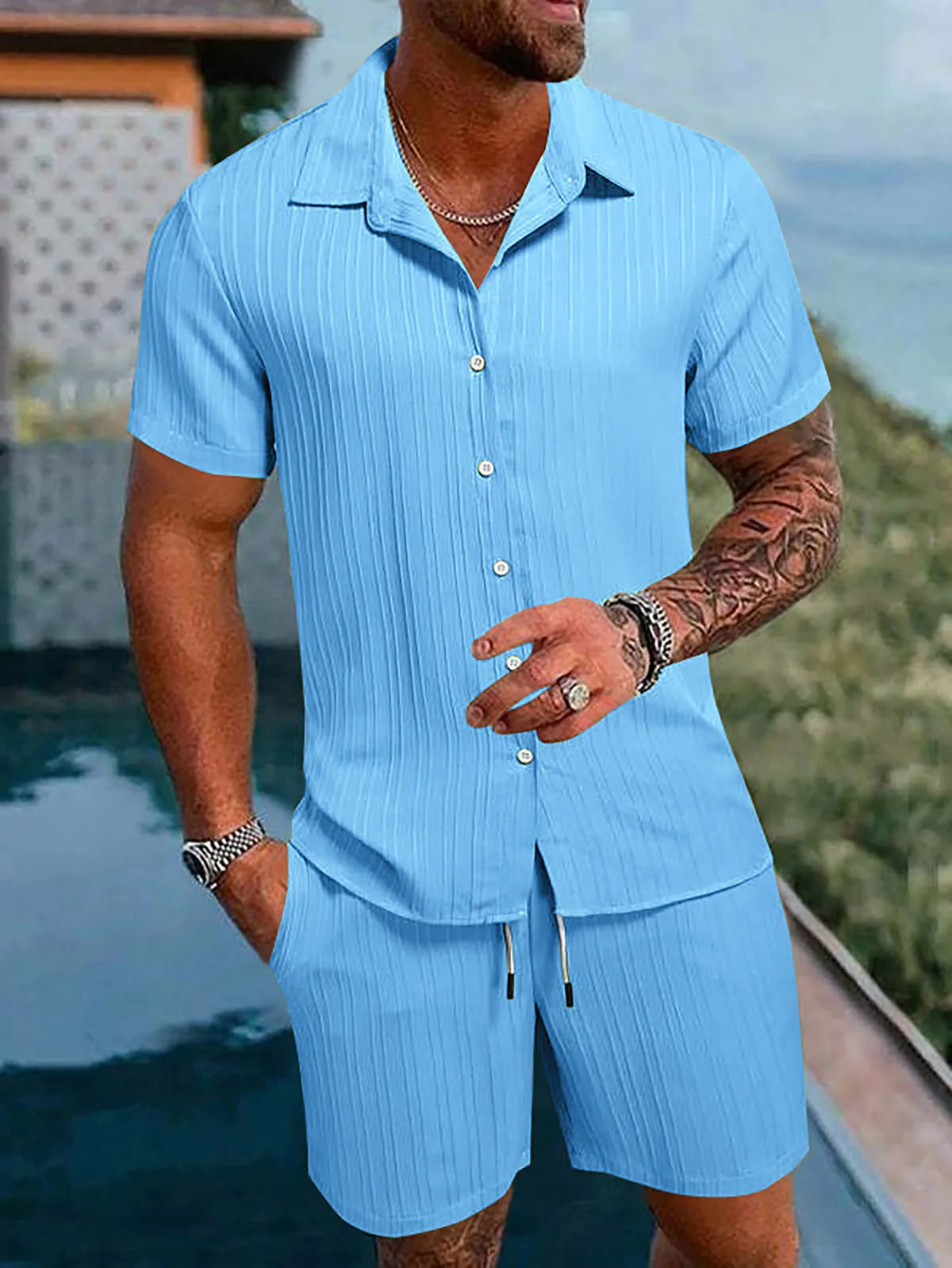 Herren Kurzarm Hemd Set Grün mit Shorts Strukturmuster Freizeit Zweiteiler Sommer Outfit