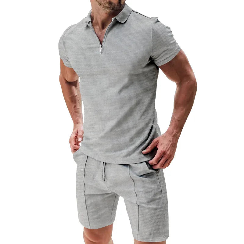 Herren Polo Set Creme mit Shorts Kurzarm Reißverschluss Strukturmuster Freizeit Zweiteiler Sommer