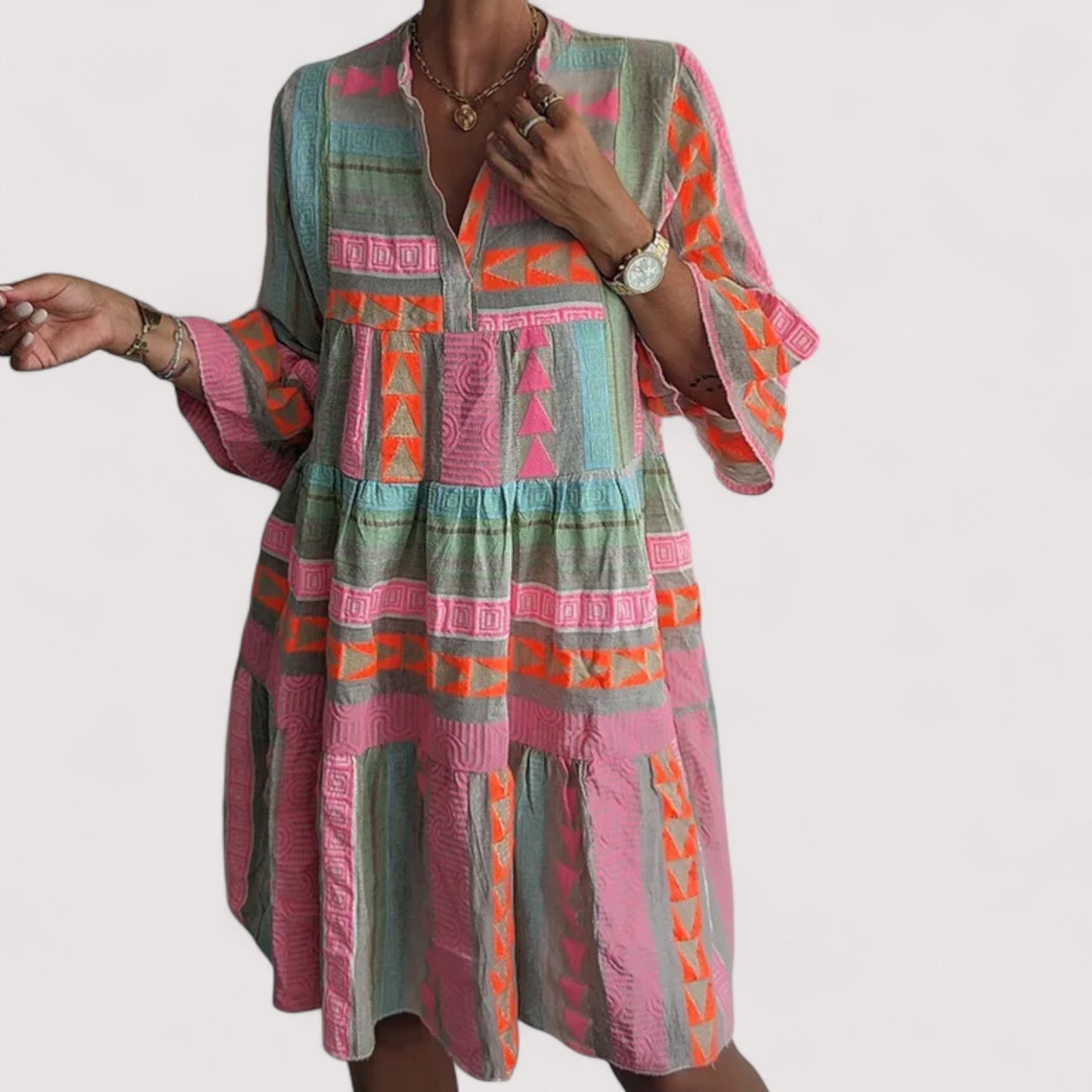 Damen Kleid Boho Stufen-Design locker Passform fließend vielseitig bequem