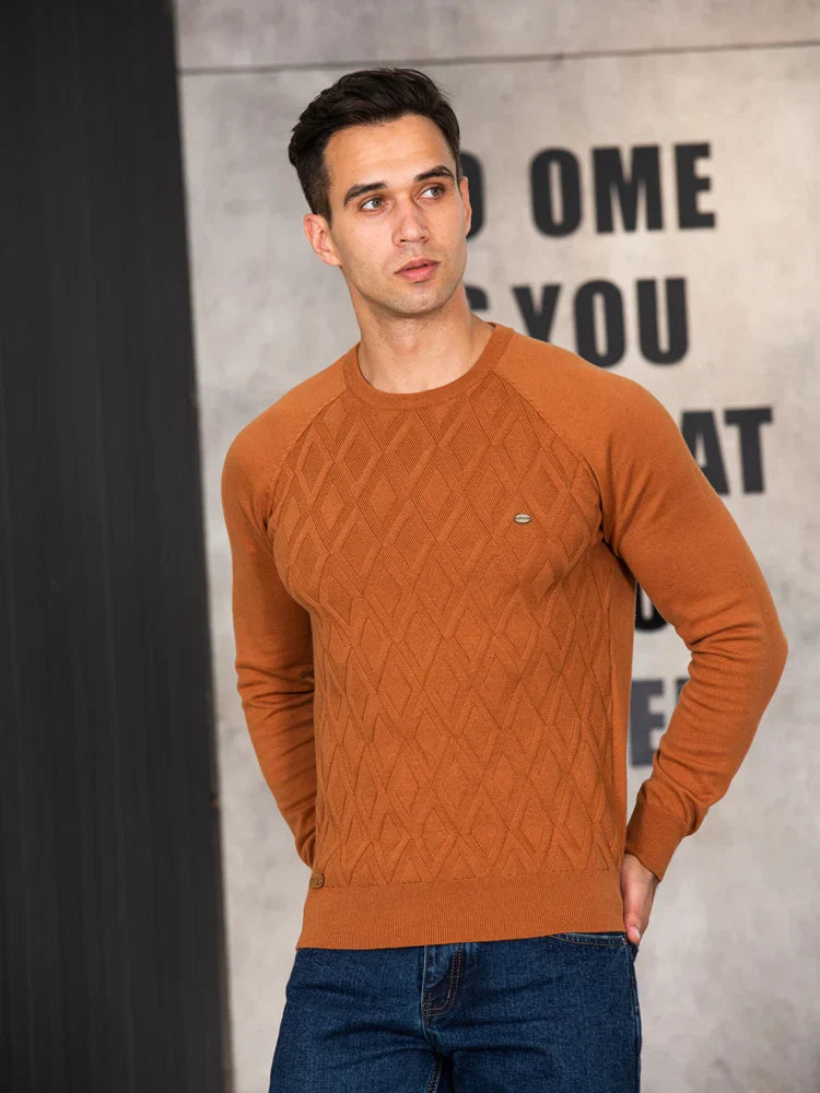 Herren Strickpullover Karo Rundhals Slim Fit elastisch bequem atmungsaktiv