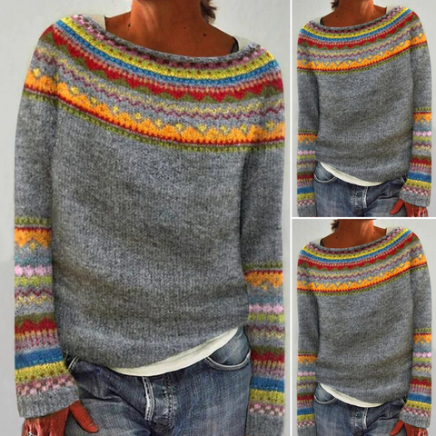 Damen Strickpullover Rundhals Muster Lässig Bequem Warm Alltag