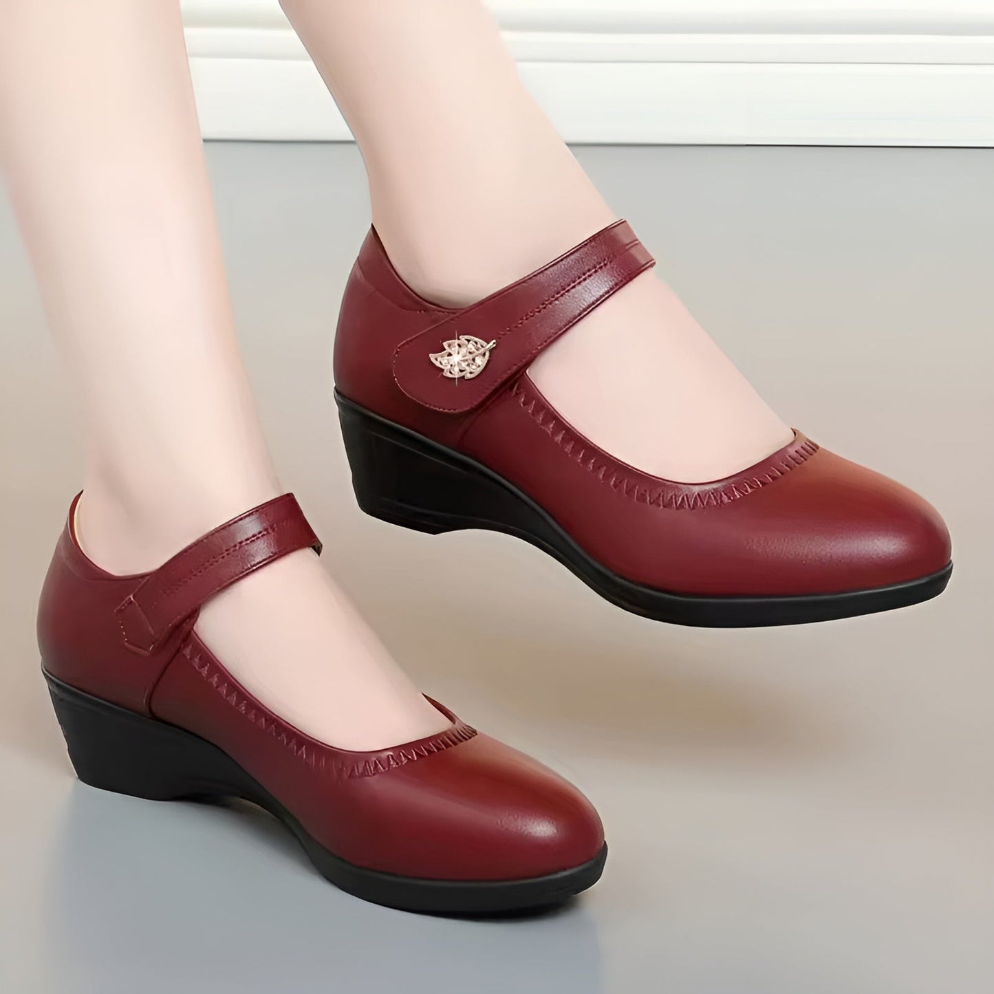 Damen Lederschuhe Keilabsatz Riemenverschluss rutschfest bequem elegant