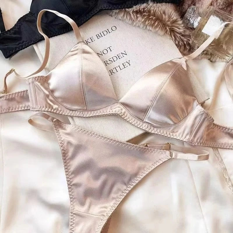 Damen Dessous Set Rosa glänzend nahtlos verstellbar zweiteilig BH Slip