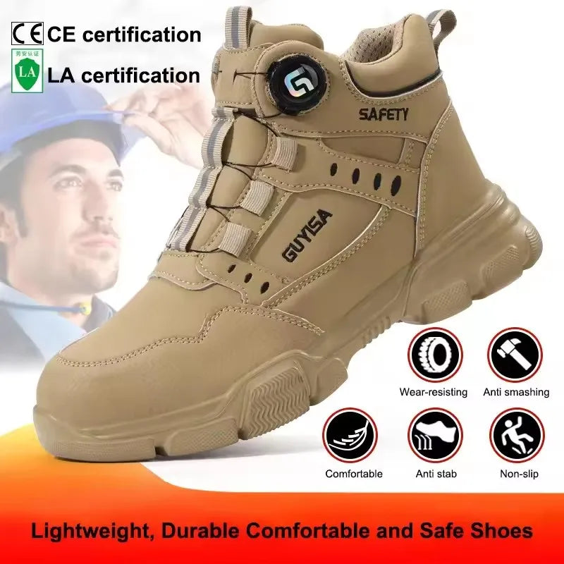 Sicherheitsstiefel Beige mit Drehverschluss, rutschfeste Arbeitsschuhe mit Zehenschutz und durchtrittshemmender Sohle