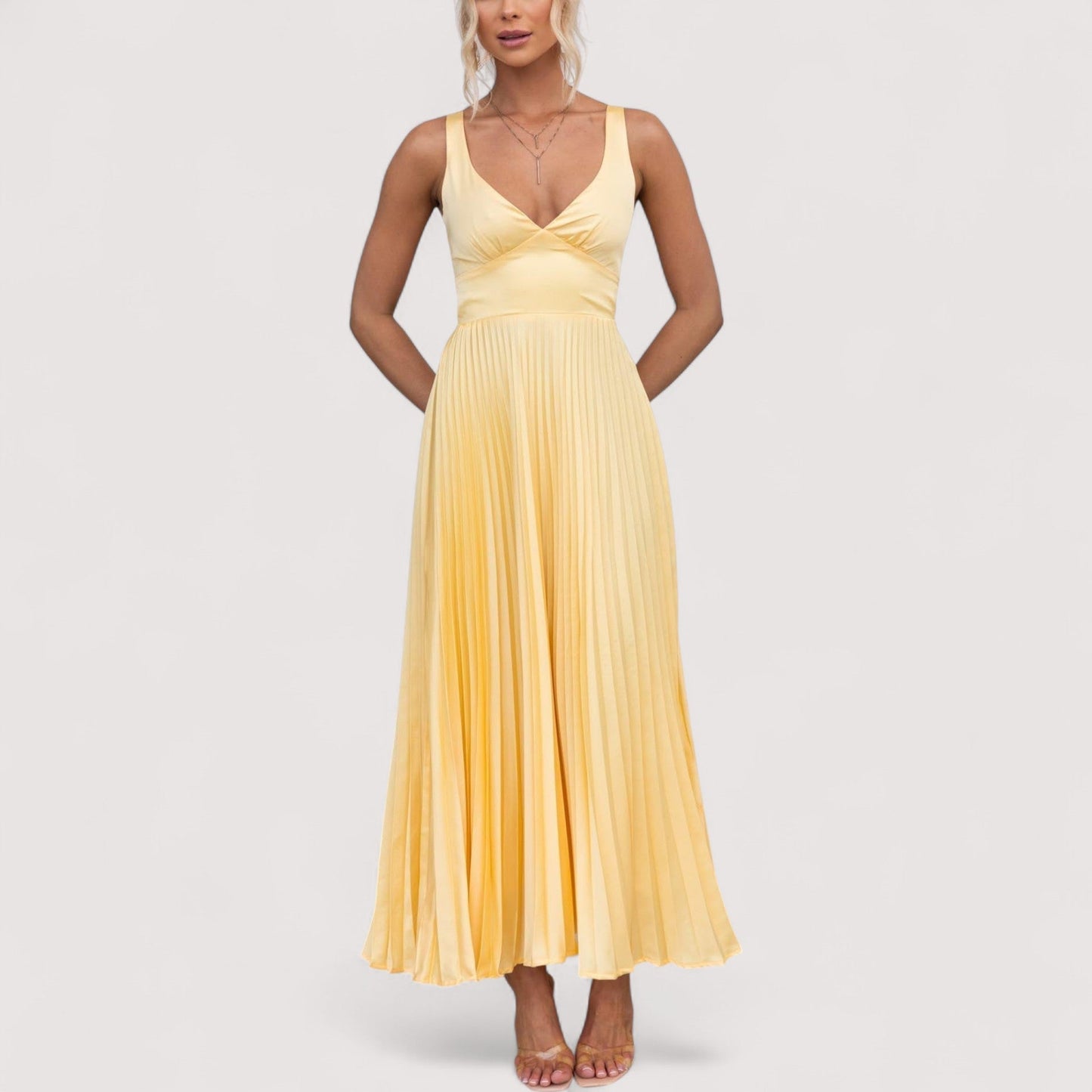 Damen Kleid V-Ausschnitt verstellbare Träger figurbetont fließend elegant
