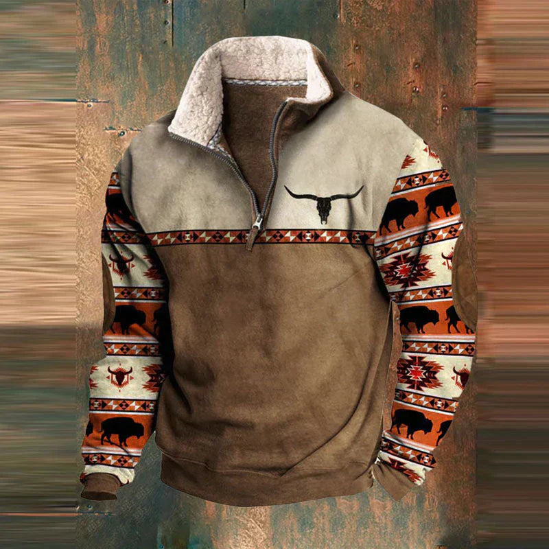 Herrenpullover halber Reißverschluss Patchwork Ärmel Fleecegefüttert, bequem und warm