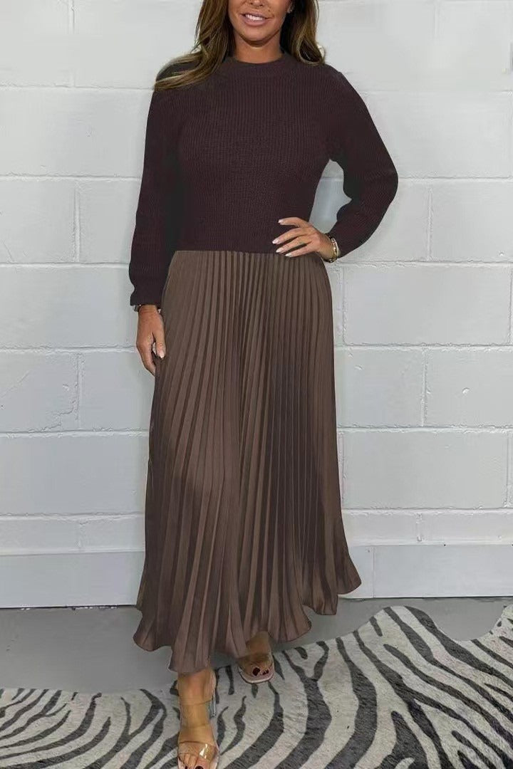 Damen Maxikleid langarm Plissee Rock kombinierter Look figurbetont fließend für Alltag und Büro