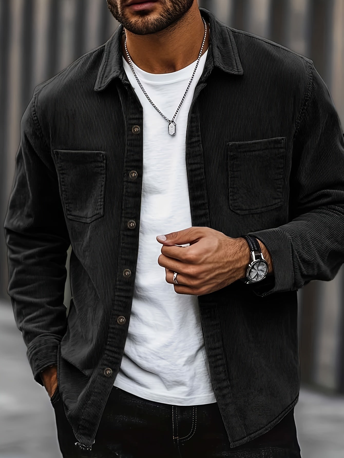 Herren Hemdjacke Polyester Kordeloptik einfarbiger Reverskragen langa