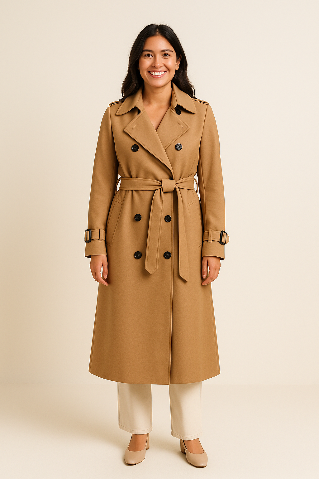 WILHELM | Eleganter Damen Trenchcoat lang mit Bindegürtel und Knopfleiste