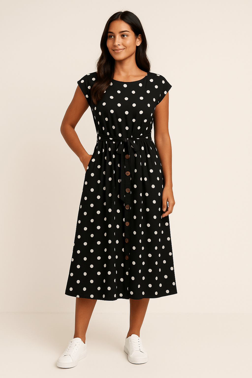 WILHELM | Damen Midikleid mit Punktemuster und Bindegürtel