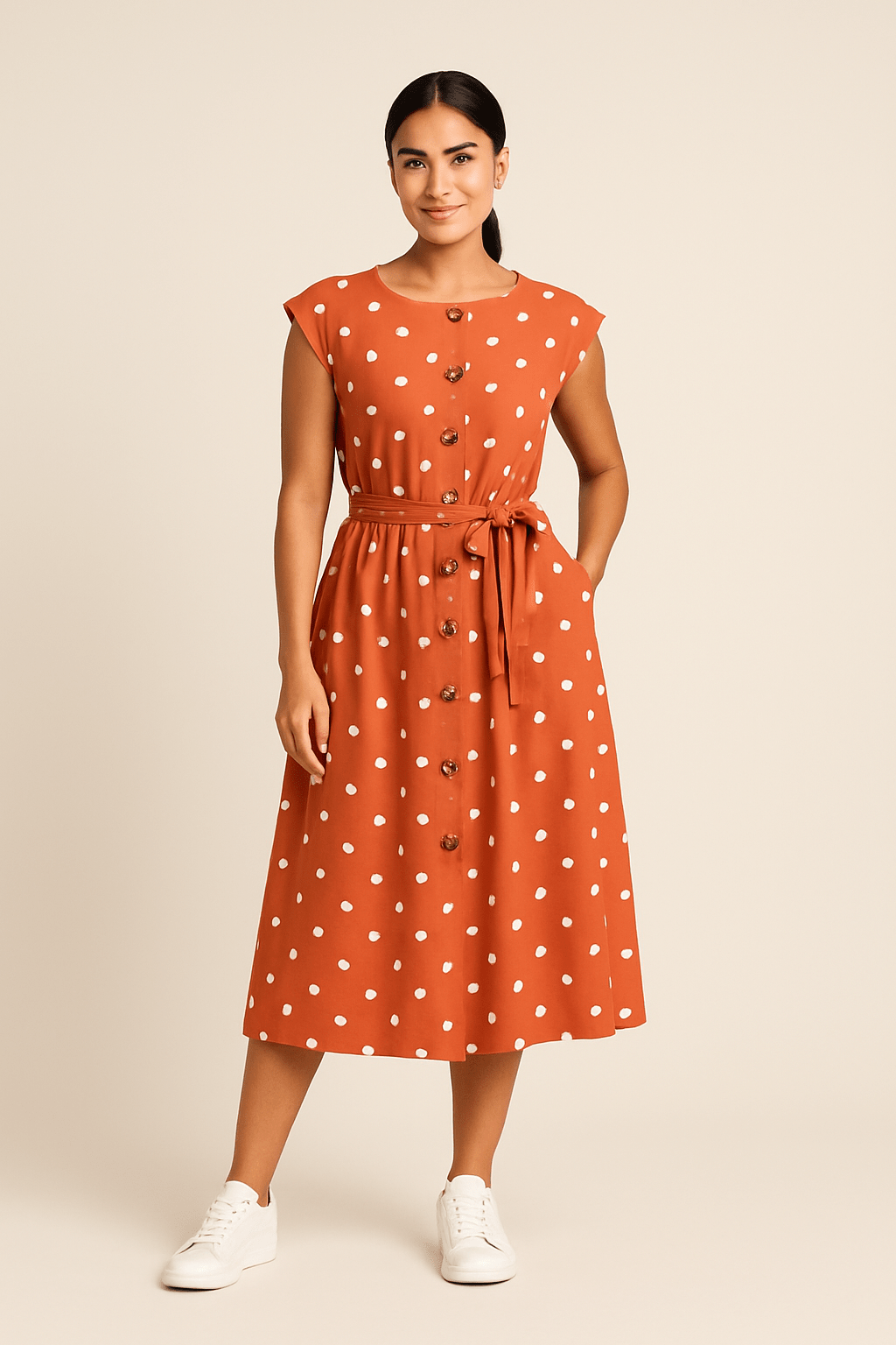 WILHELM | Damen Midikleid mit Punktemuster und Bindegürtel