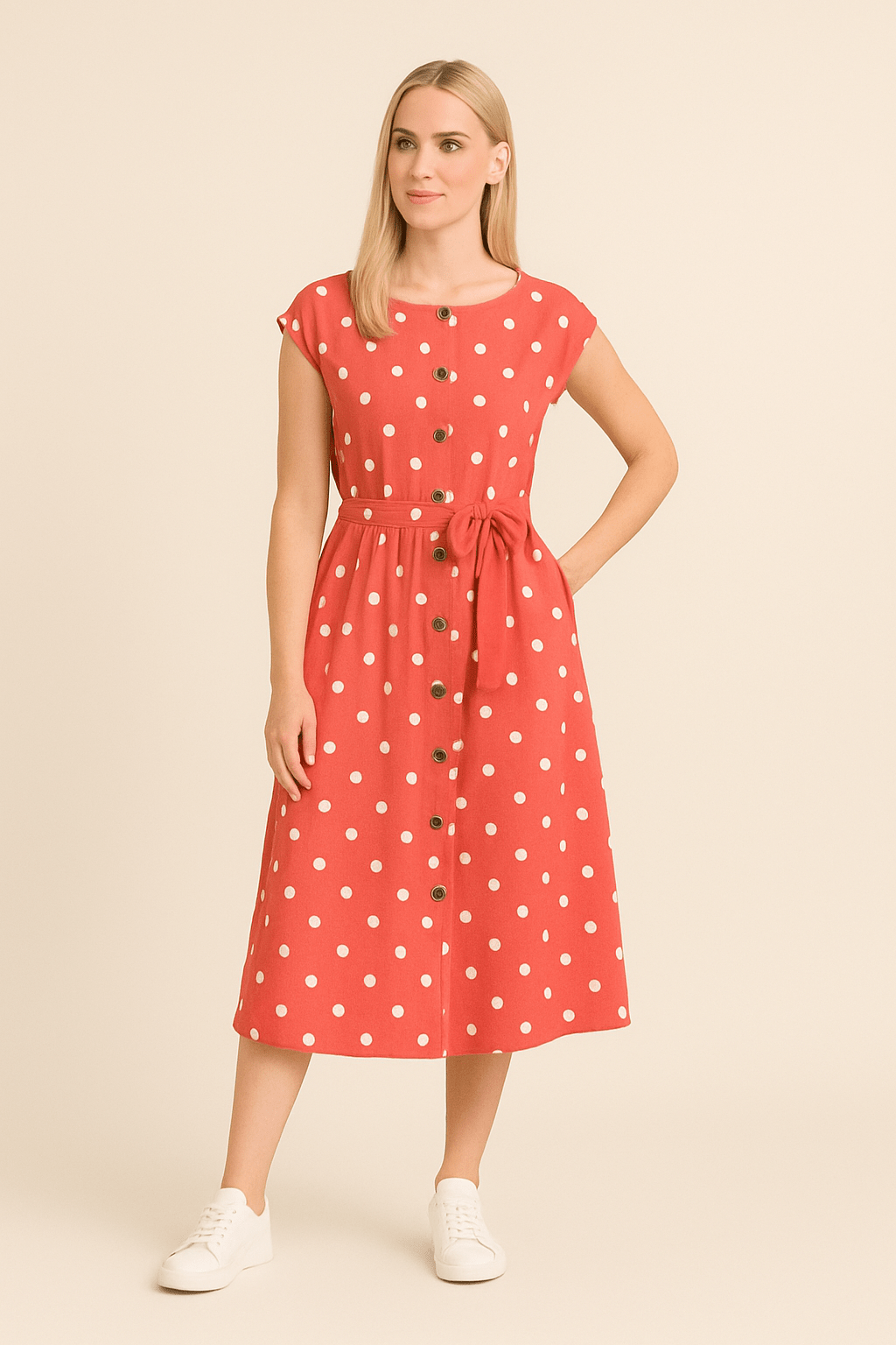 WILHELM | Damen Midikleid mit Punktemuster und Bindegürtel