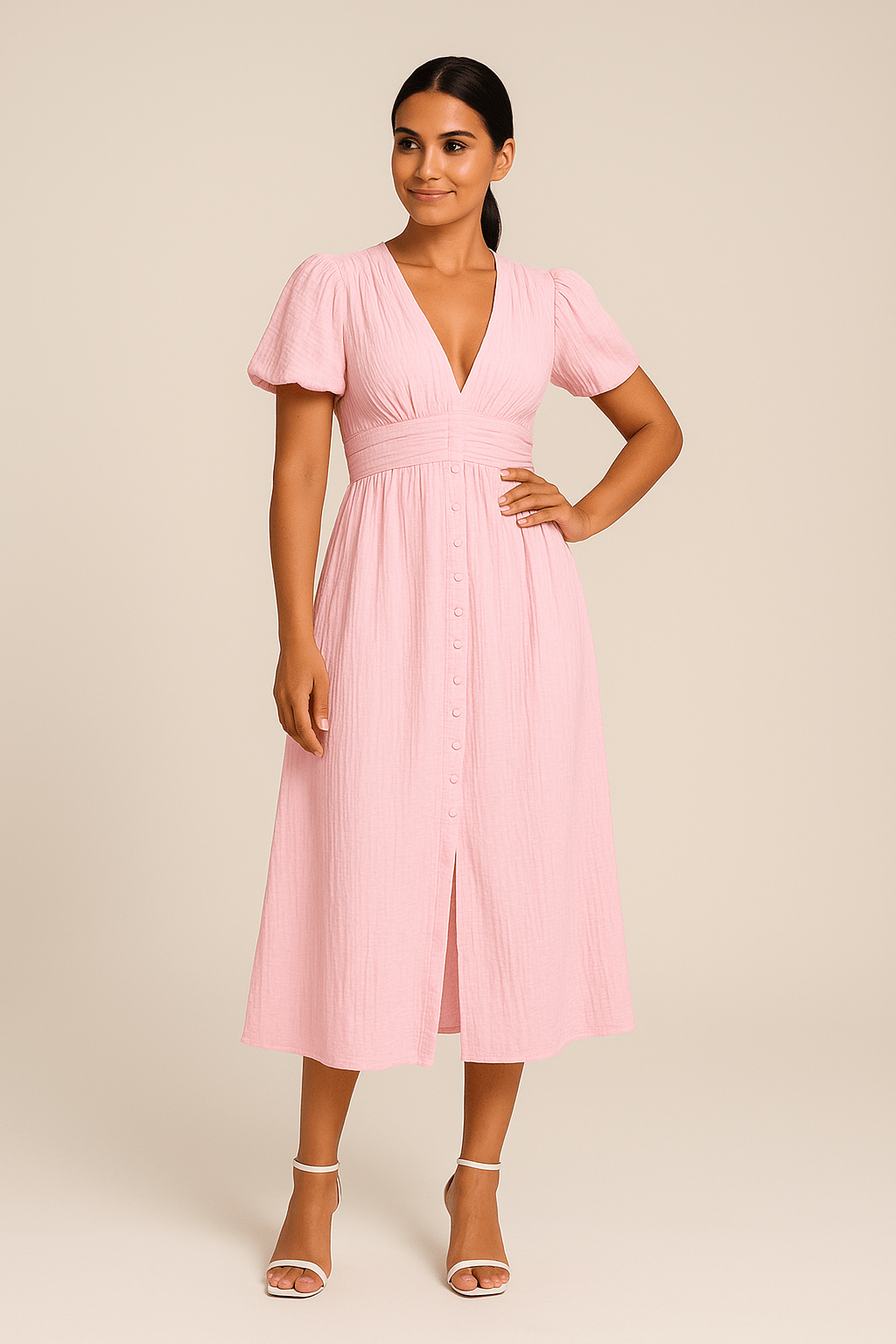 WILHELM | Damen Maxikleid luftig-leicht mit Knopfleiste und Puffärmeln