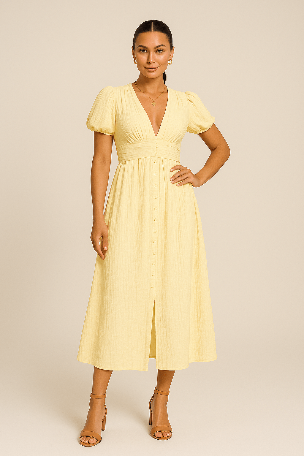 WILHELM | Damen Maxikleid luftig-leicht mit Knopfleiste und Puffärmeln