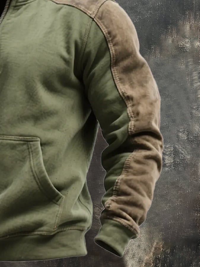 Herrenpullover Reißverschluss olivgrün Kordelverstärkte Schultern warm bequem