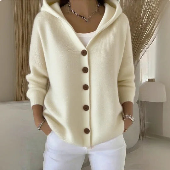 Damen Strickjacke Kapuze Regular Fit Knopfverschluss Leicht Warm Freizeit Ganzjahresjacke