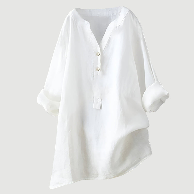 Damen Bluse Leinen, lockere Passform, V-Ausschnitt, Knopfleiste, langarm