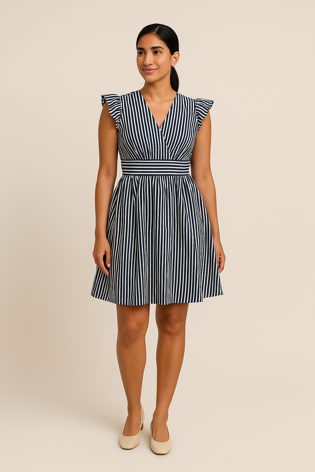 WILHELM | Damen Gestreiftes Midikleid mit Volantärmeln luftig & leicht