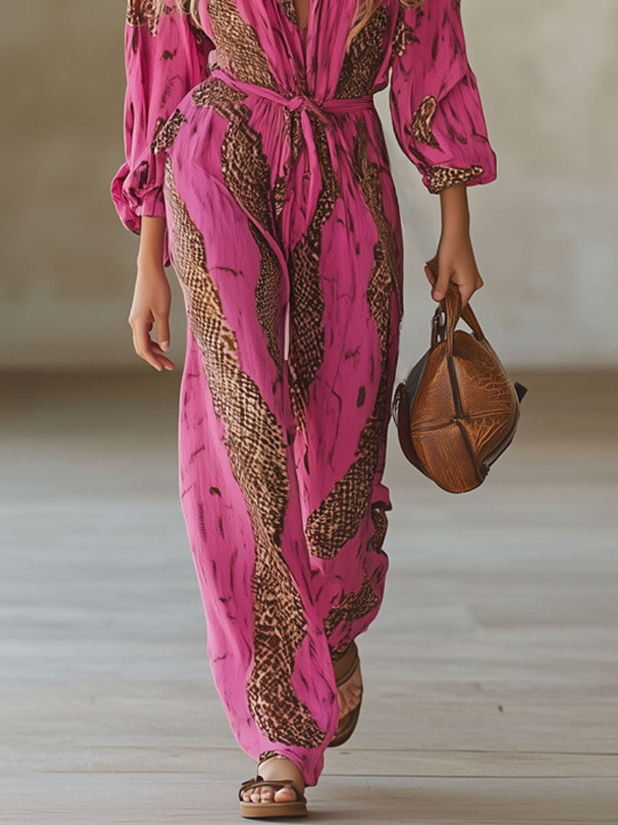 Damen Jumpsuit Leopardenmuster rosa, lockere Passform, Gürtel, langarm, Chiffon