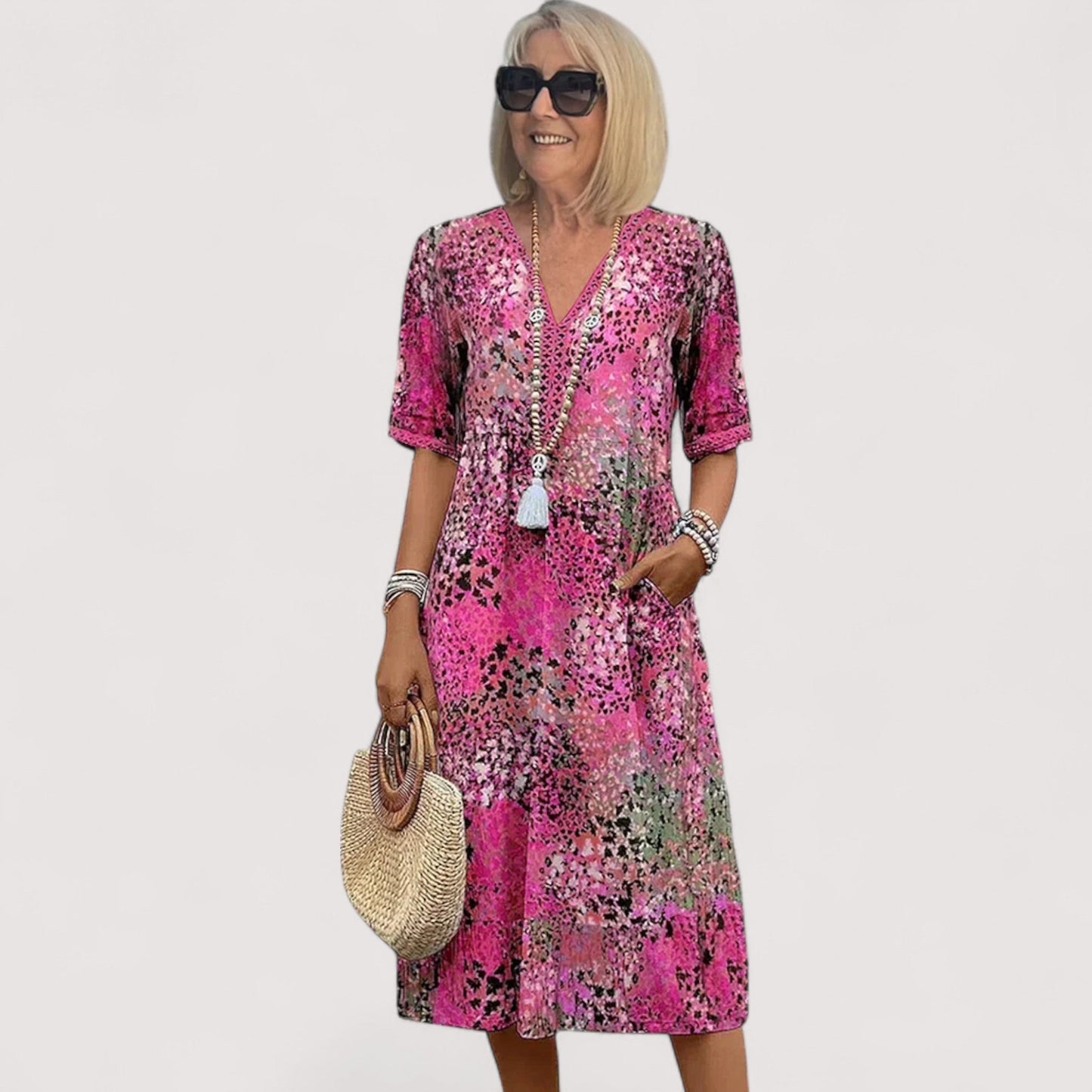 Damen Sommerkleid kurzarm Rundhals locker Passform Taschen atmungsaktiv bequem