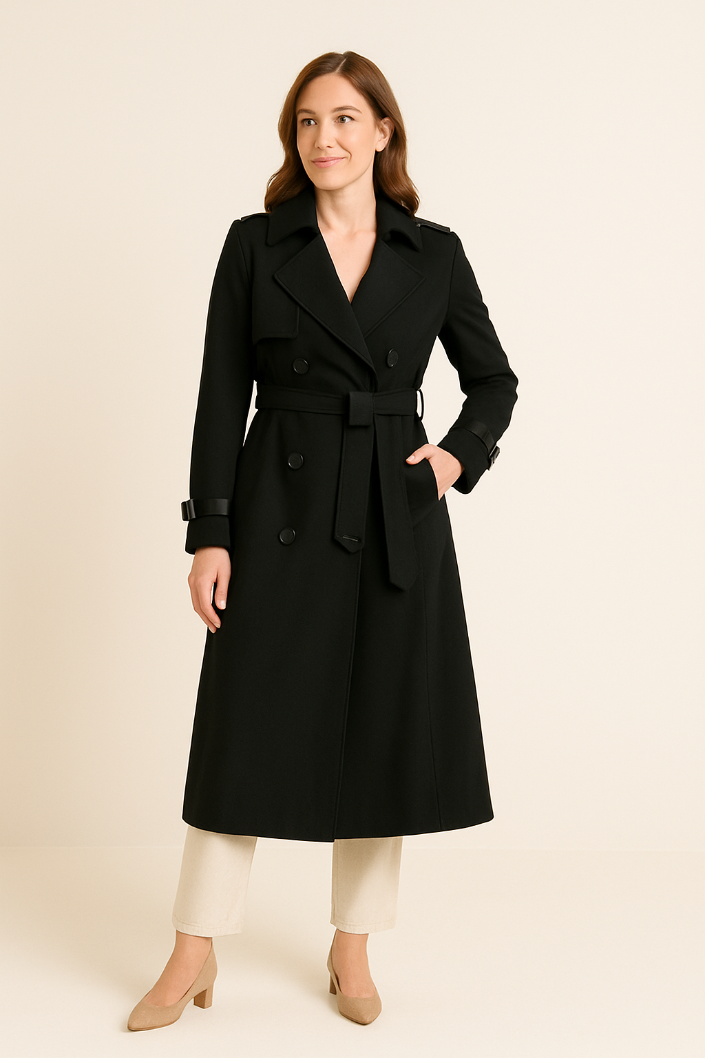 WILHELM | Eleganter Damen Trenchcoat lang mit Bindegürtel und Knopfleiste