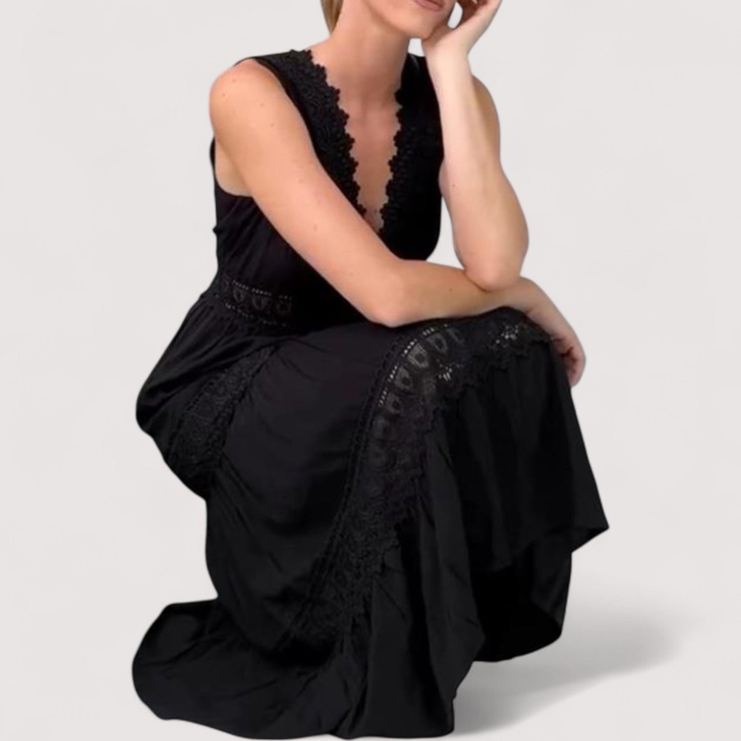 Damen Sommerkleid V-Ausschnitt tailliert Stufenrock Spitze locker Passform