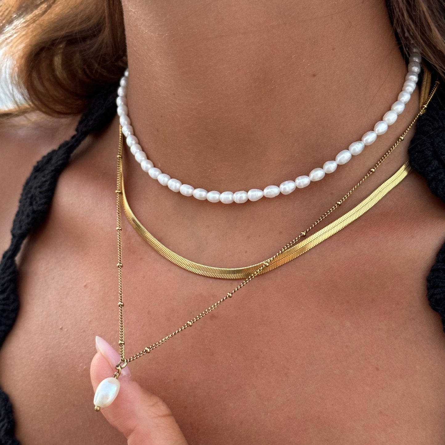 Damen Halsketten Set Gold mit Süßwasserperlen 3-teilig Layering Ketten wasserfest Edelstahl vergoldet
