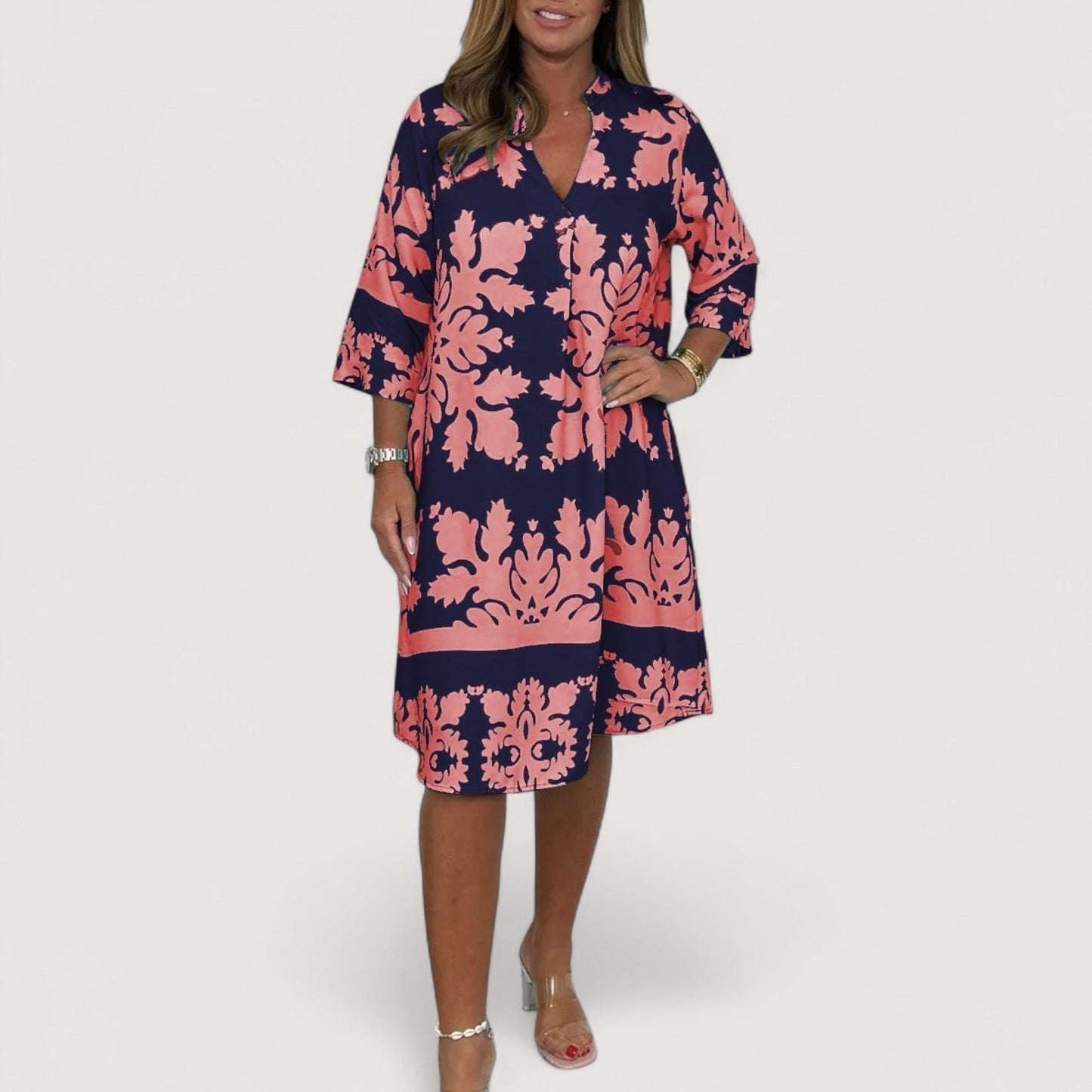 Damen Kleid V-Ausschnitt gemustert locker leicht bequem vielseitig