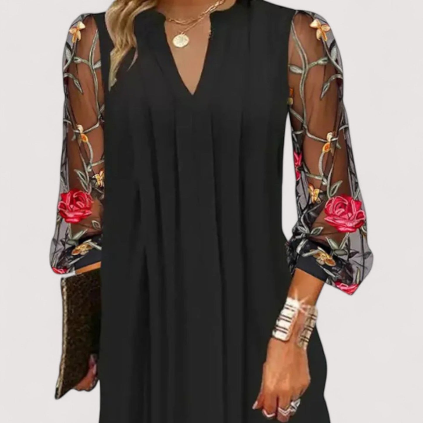 Damen Minikleid Blumenmuster V-Ausschnitt transparente Ärmel figurbetont elegant