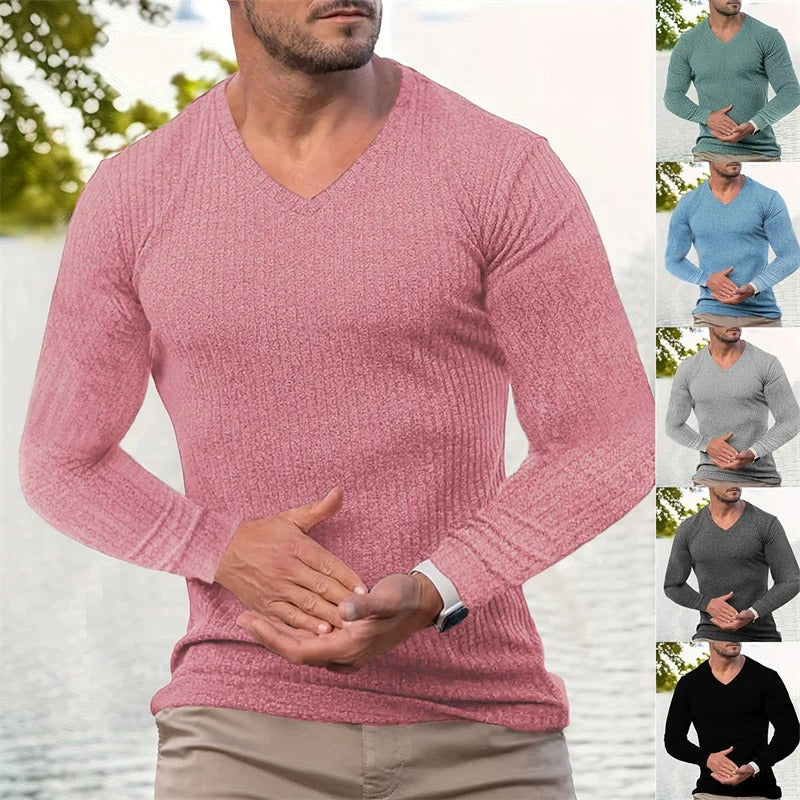 Herren Langarmshirt gestreifter V-Ausschnitt tailliert atmungsaktiv bequem