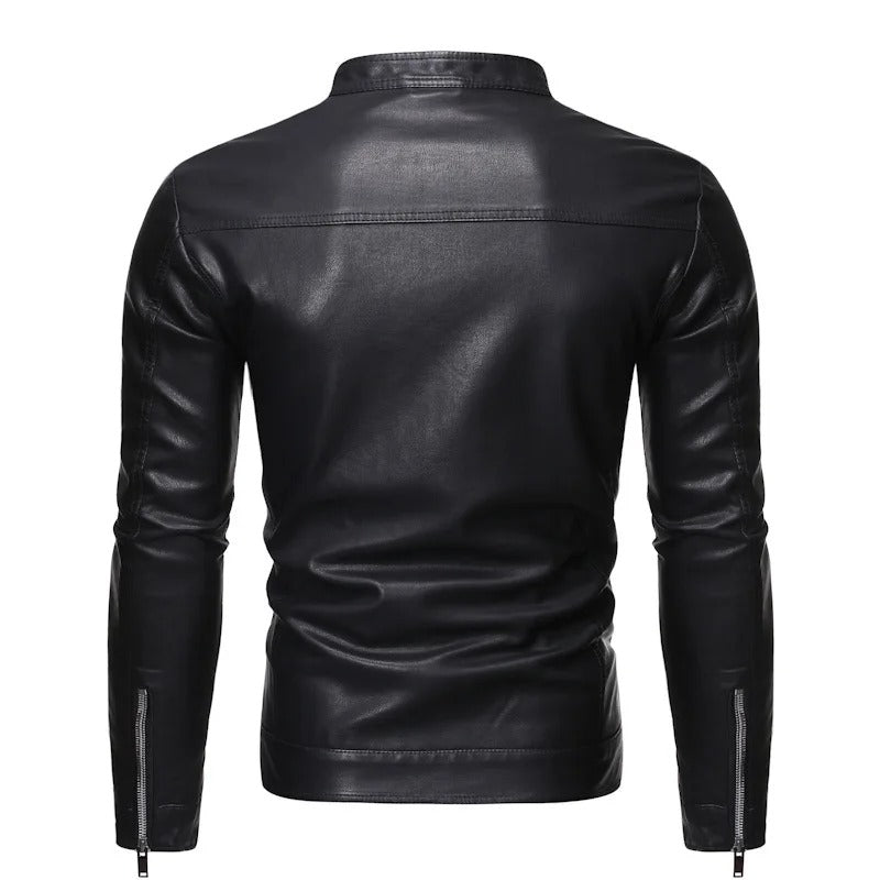 Herren Lederjacke Schwarz Stehkragen Slim Fit Reißverschluss Elegant Produktbeschreibung: