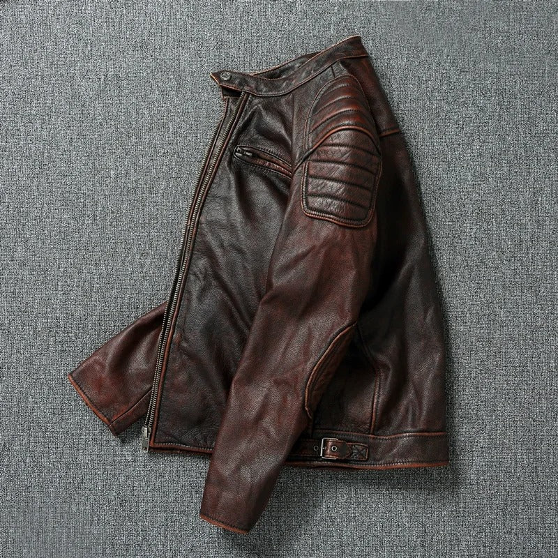 Herren Lederjacke einfarbig Retro Stil Slim Fit Langarm Reißverschluss Freizeit Bikerjacke
