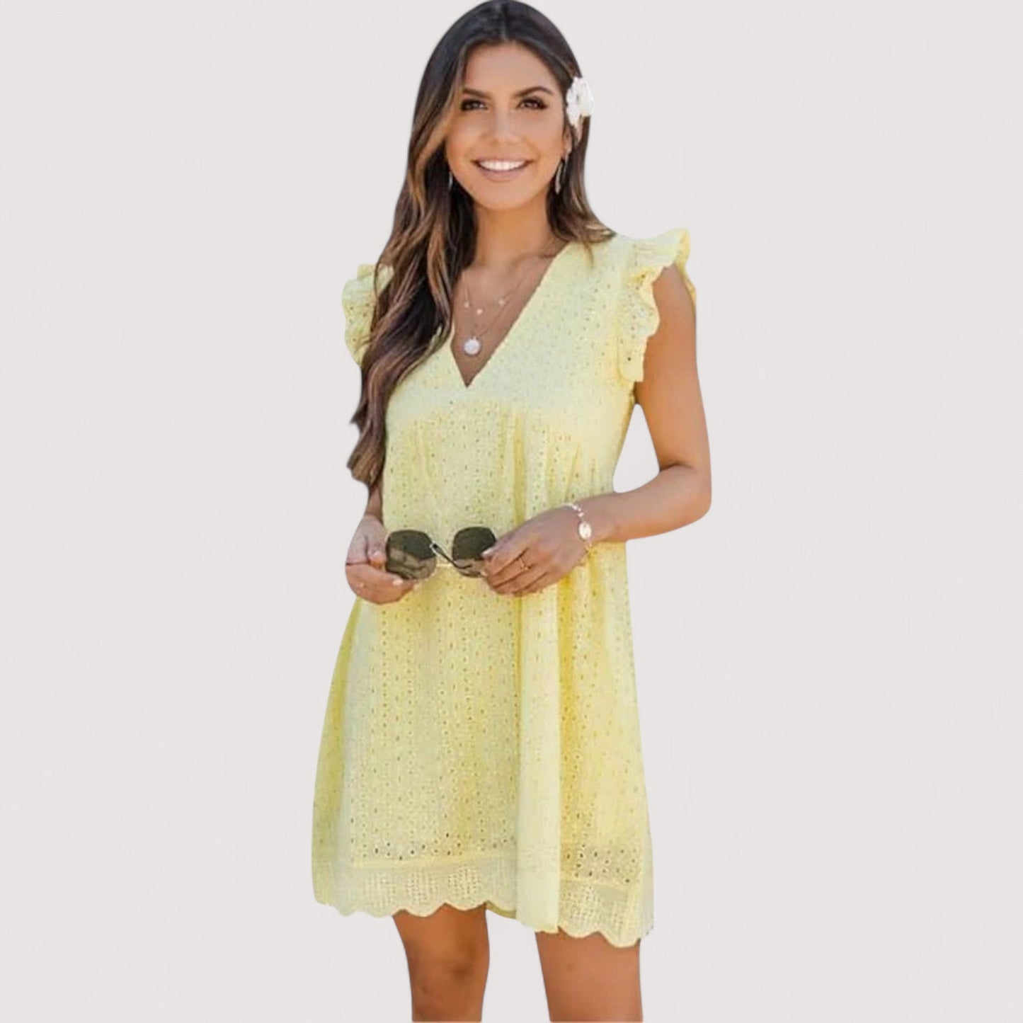 Damen Sommerkleid A-Linie V-Ausschnitt hohe Taille locker Passform elegant