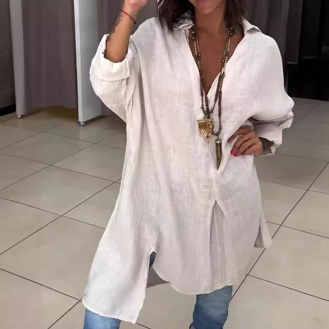 Damen Longshirt Hemd weiß, Oversize Passform, V-Ausschnitt, seitliche Schlitze, leicht