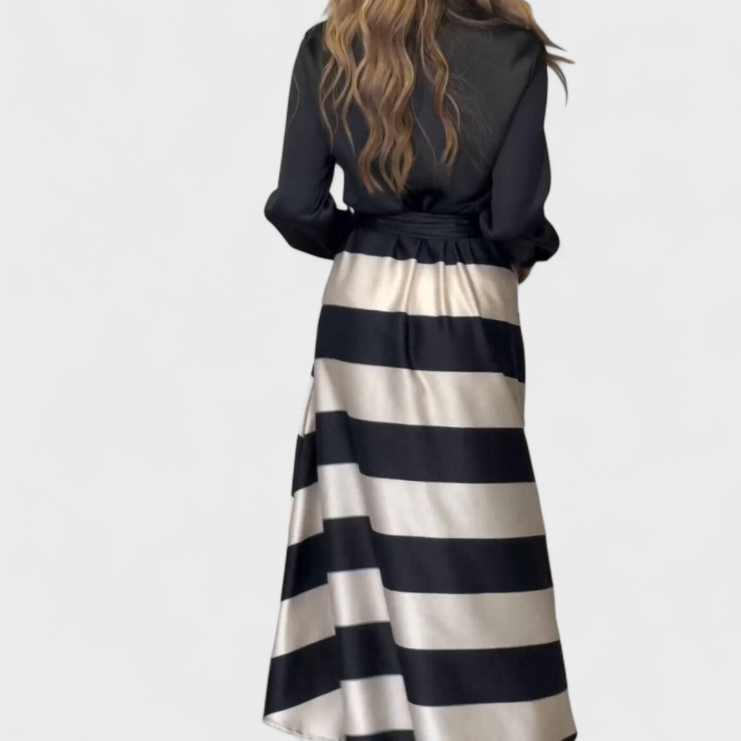 Damen Langarmkleid tailliert mit Gürtel Knopfleiste fließender Rock elegante bequeme Passform