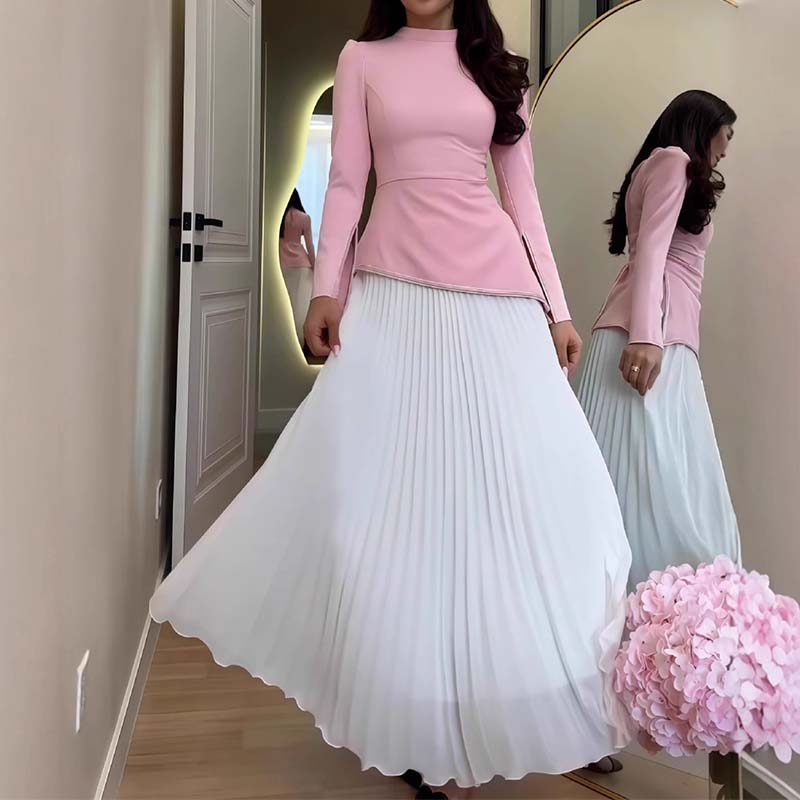 Damen Zweiteiler Regular Fit Langarm Stehkragen Asymmetrischer Saum Plisseerock A-Linie Hochtailliert Elegantes Freizeitkleid Set