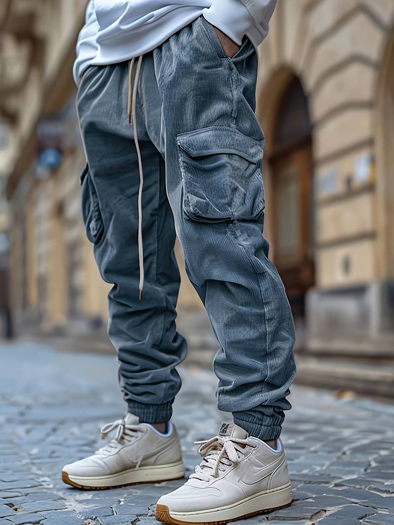Herren Cargohose atmungsaktiv Kordelzug elastischer Bund lockere Passform mehrere Taschen