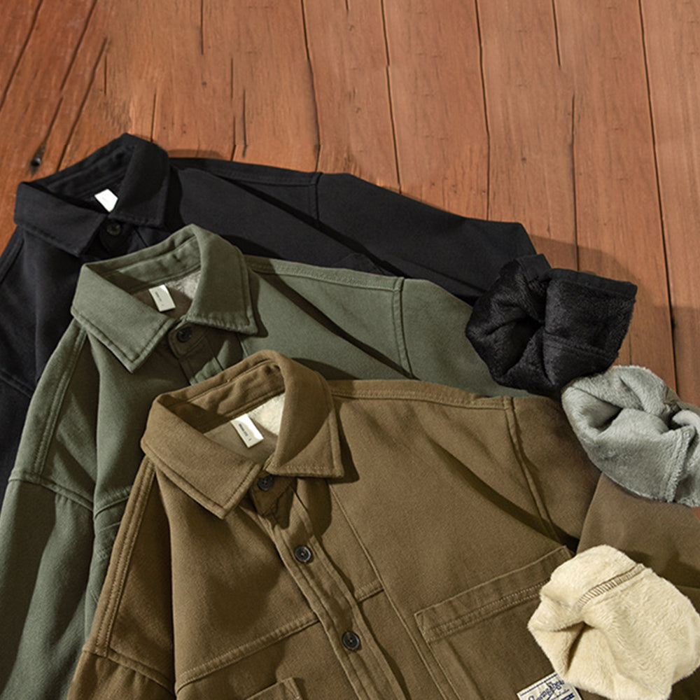 Herren Überhemd gefütterter Twill Langarm Taschen locker bequem
