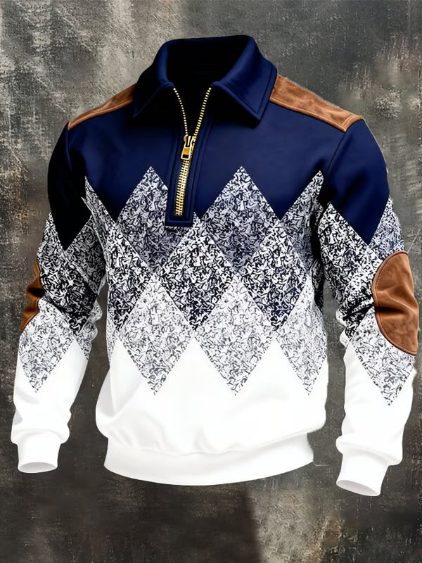 Herren Sweatshirt halber Reißverschluss Chevron Muster Langarm bequem