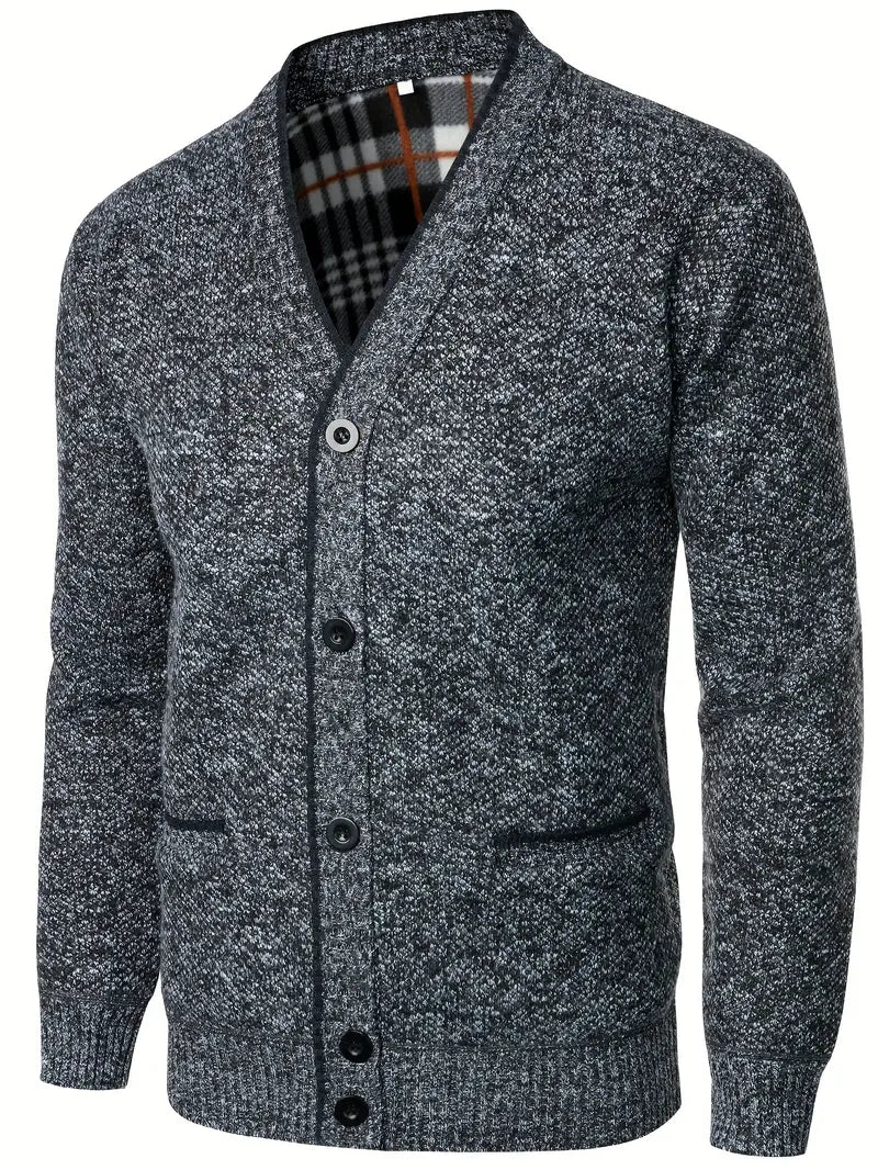 Herren Strickpullover Knopfleiste Taschen Langarm gefütterter Innenraum bequem