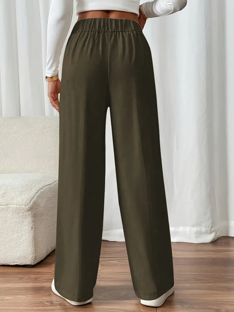 Damen Hose Regular Fit Weites Bein Elastischer Bund Seitentaschen Casual Elegant Alltag Büro