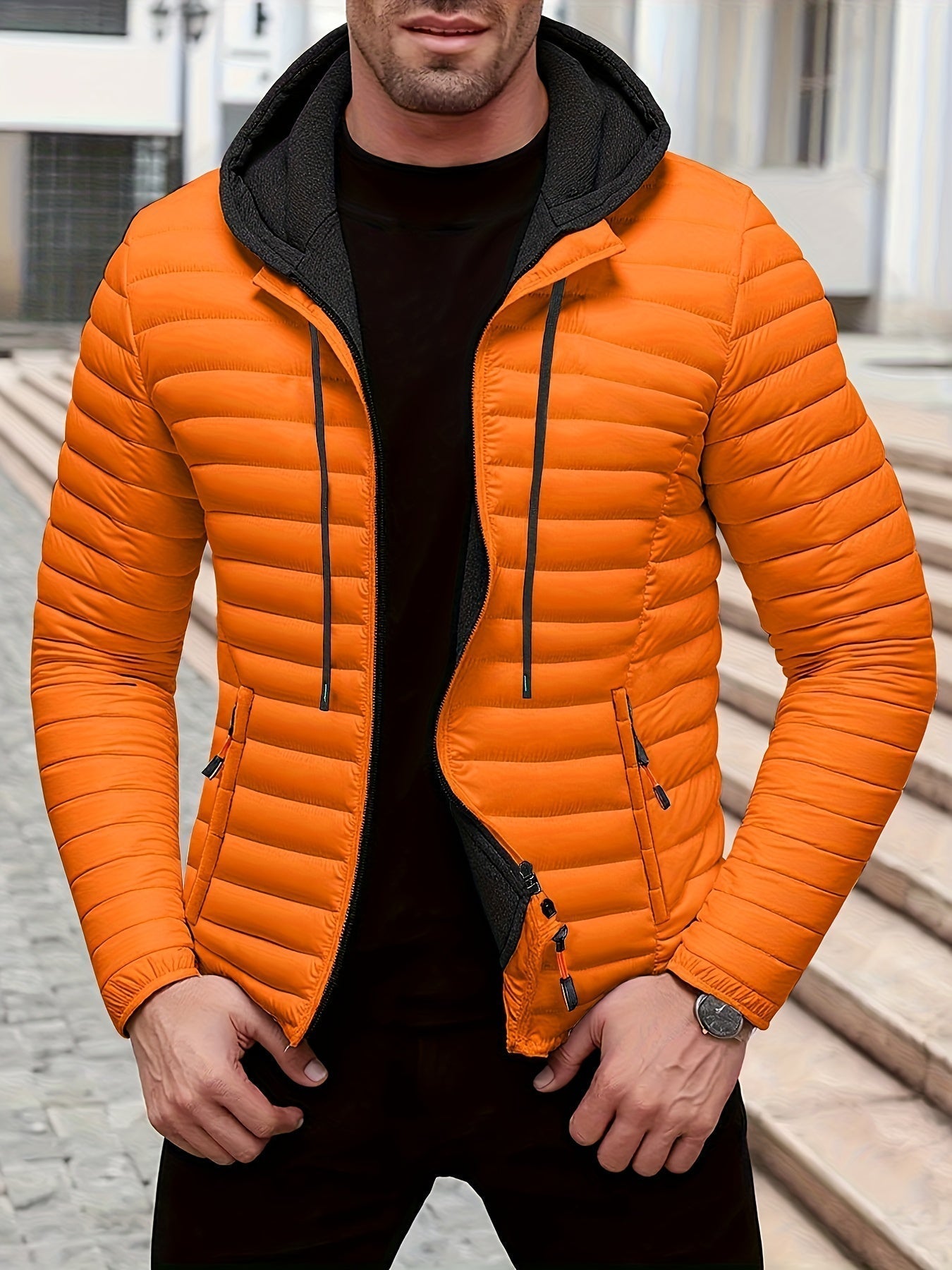 Herren Steppjacke Regular Fit Kapuze Warm Fleece Gefüttert Leicht Winter Übergang Outdoor Alltag