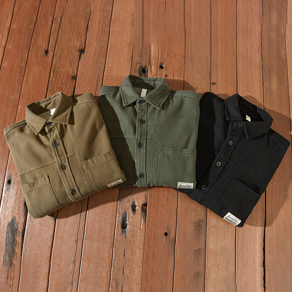 Herren Überhemd gefütterter Twill Langarm Taschen locker bequem