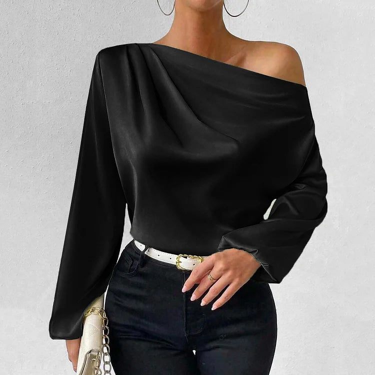 Damenbluse, Satin asymmetrischer Ausschnitt einfarbig
