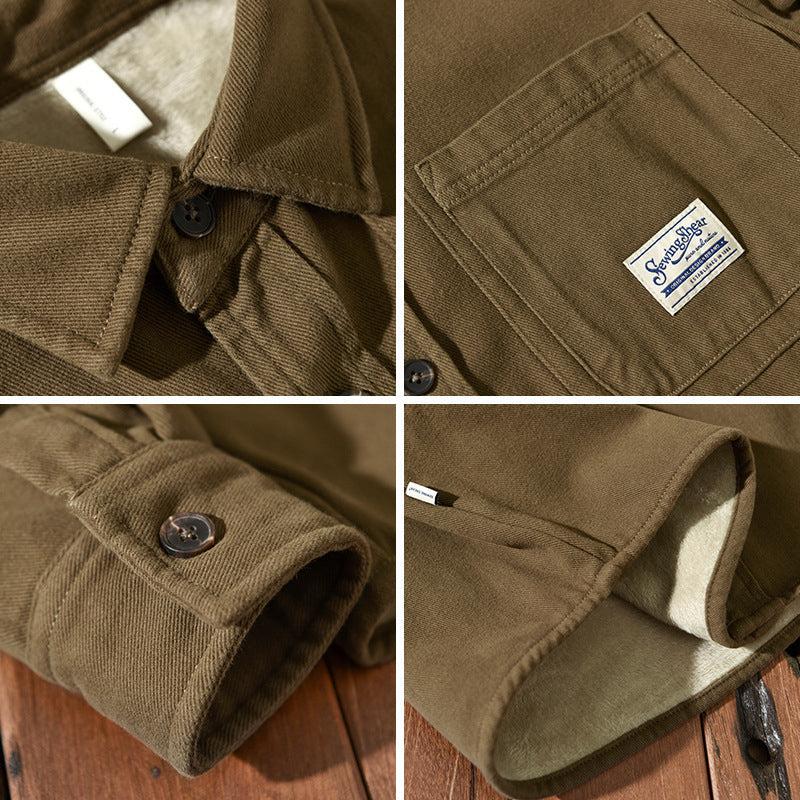 Herren Überhemd gefütterter Twill Langarm Taschen locker bequem