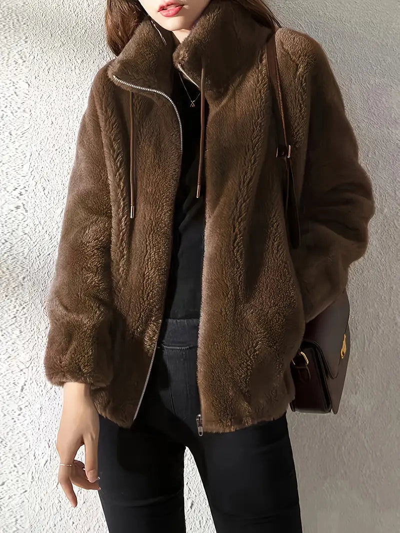 Damen Fleecejacke Warm Stehkragen Kordelzug Regular Fit Weich Freizeit Übergang