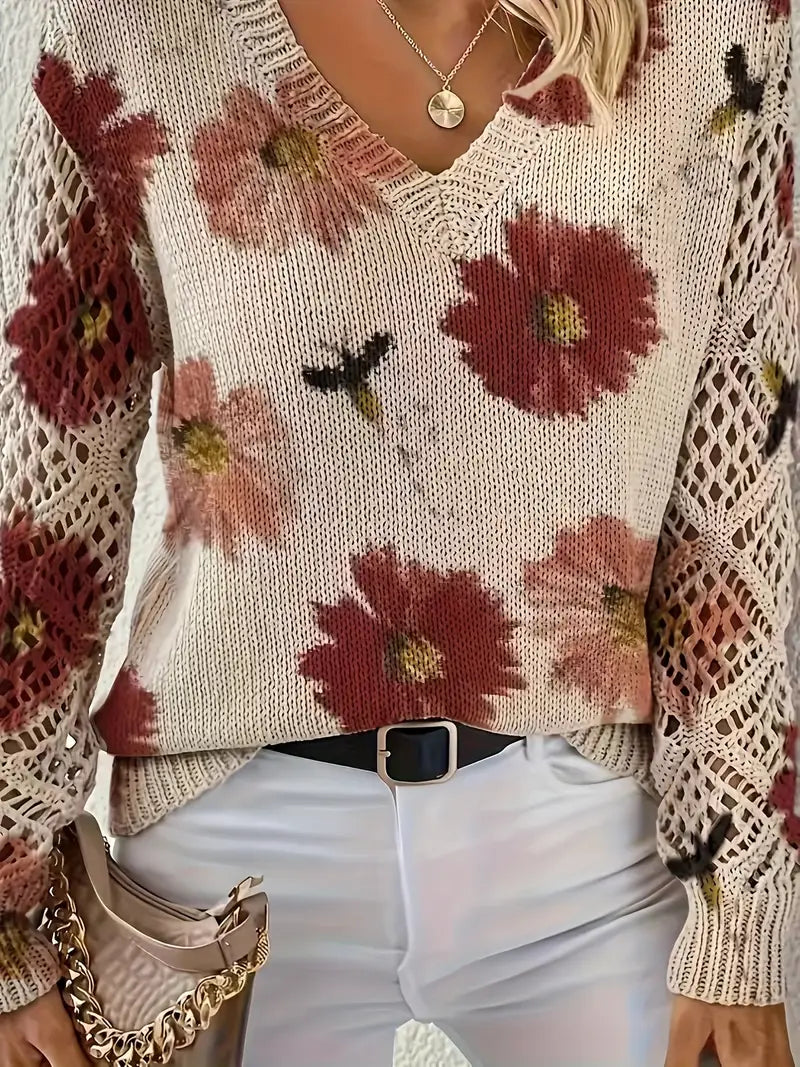 Damen Strickjacke Blumenmuster V-Ausschnitt Regular Fit Leicht Mittelschwer Häkeloptik Freizeit