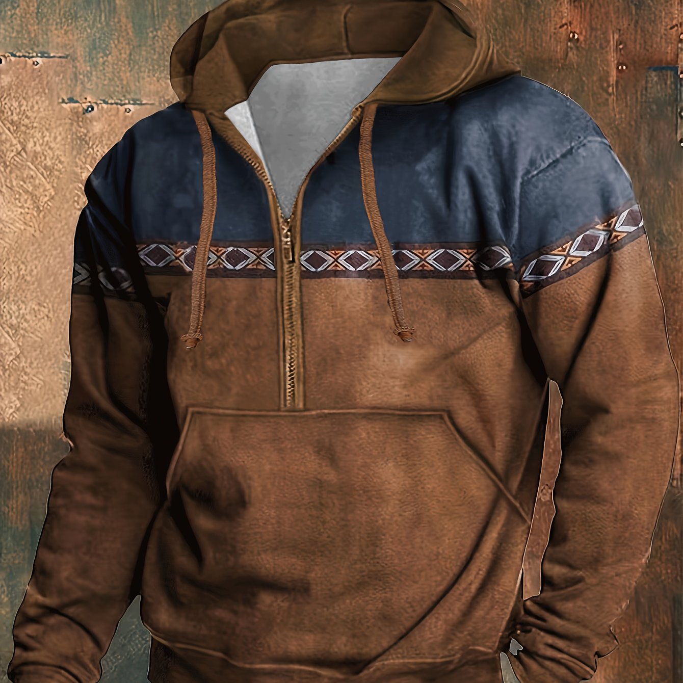 Herren Hoodie Langarm Kapuze Halber Reißverschluss Regular Fit Muster Freizeit Pullover