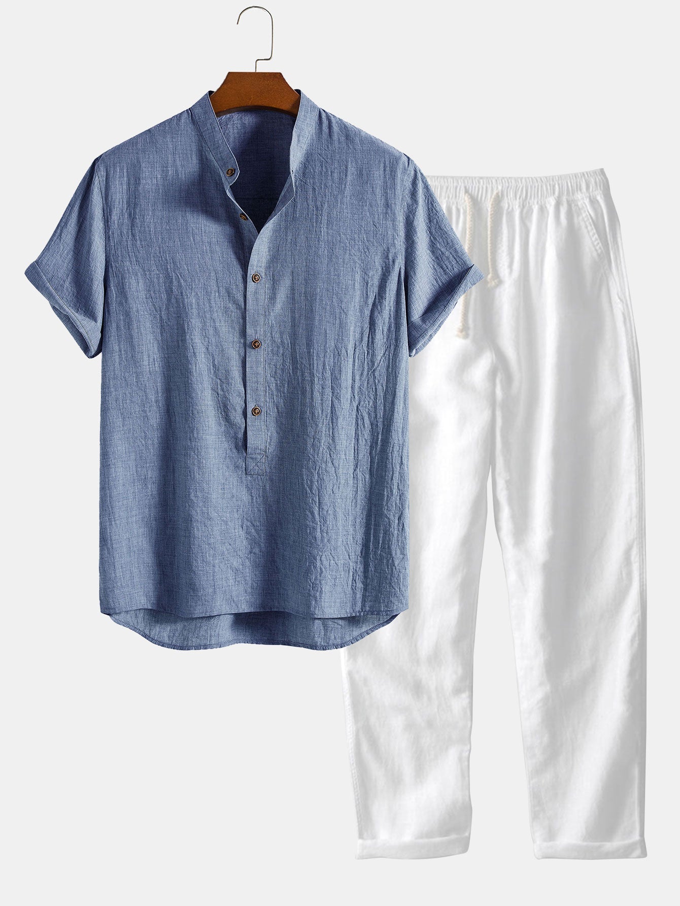 Herren Leinenhemd und Leinenhose Set Sommer Zweiteiler Freizeitanzug atmungsaktiv